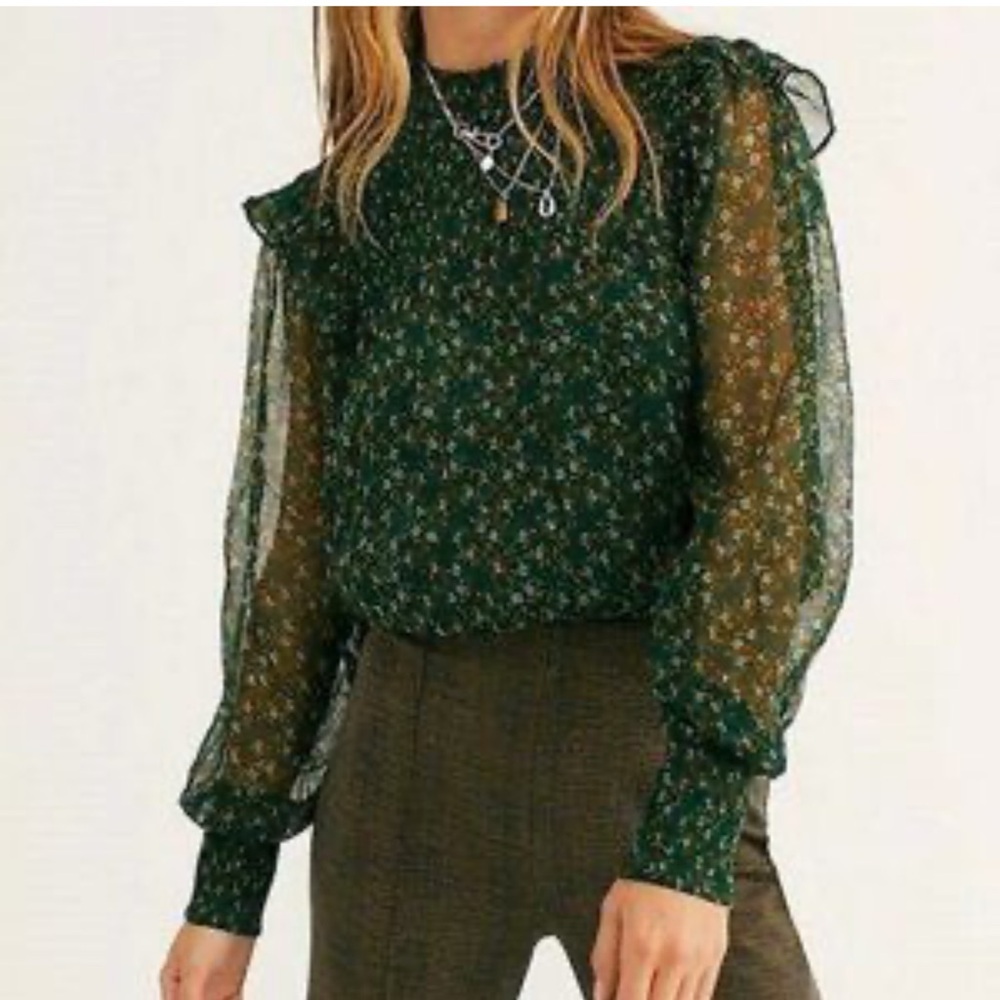 Free People Dark Green Floral Sheer Long-Sleeve Blouse